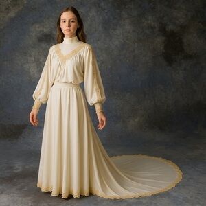 Vintage 1970s Union-Made Wedding Gown – Ivory Lace Boho Maxi with Train